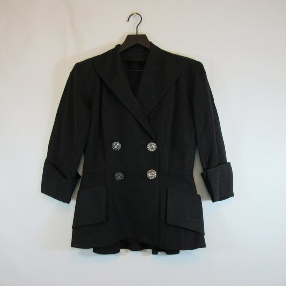 Black Double Breasted Blazer Coat Jacket 3/4 Sleeve Unique - Picture 2 of 7